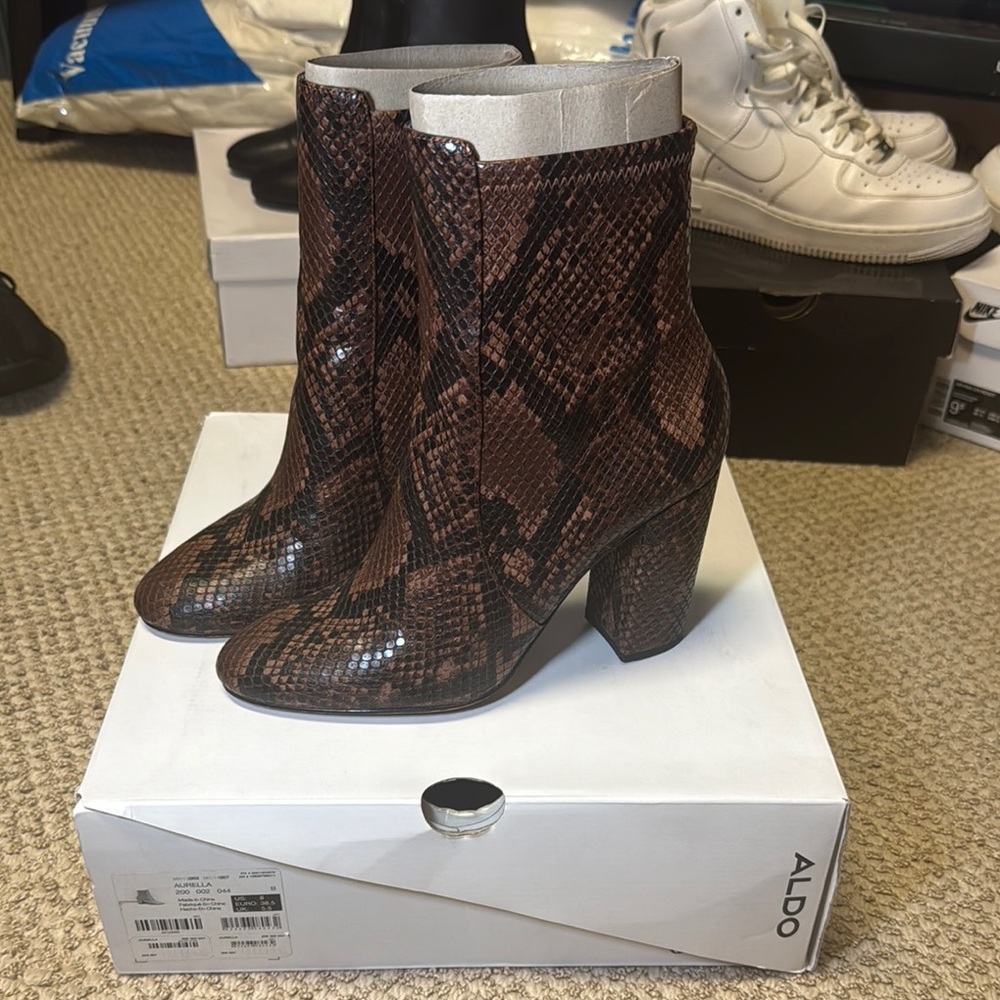 Aldo Brown Heeled Boots with Snake Print